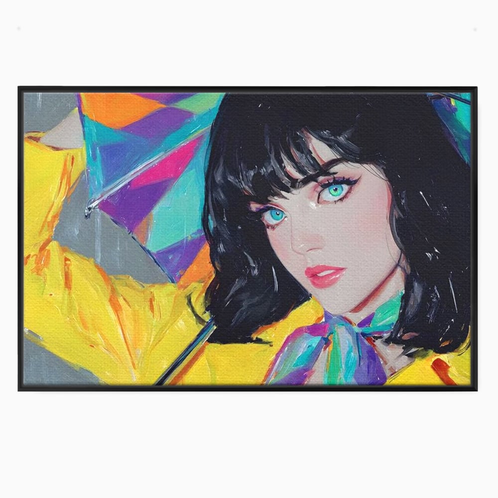 Tablou canvas cu pictura cu femeie bruneta si umbrela colorata, in rama de aluminiu negru